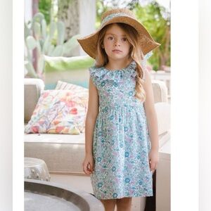Sal & pimenta Aqua Betsy liberty floral dress with v-back size 5T ruffle collar